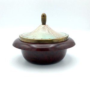 MUSICAL marbled bakelite powder box - vtg 1940s Lily Marlene Reuge Switzerland